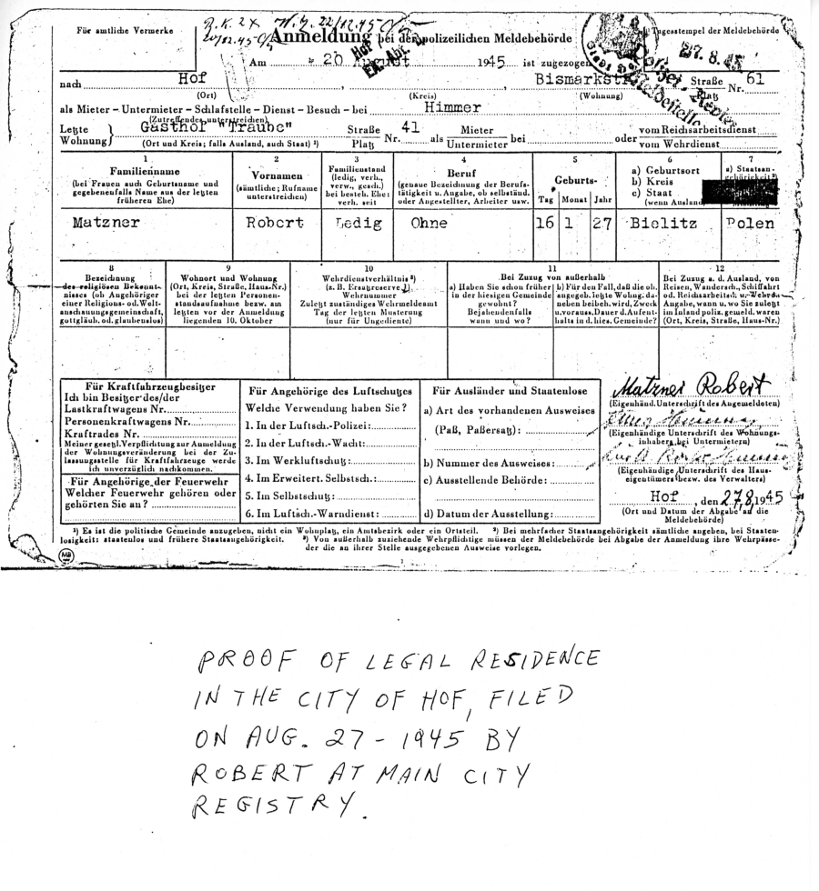 Proof of Legal Residence Document for Robert Matzner (In German)