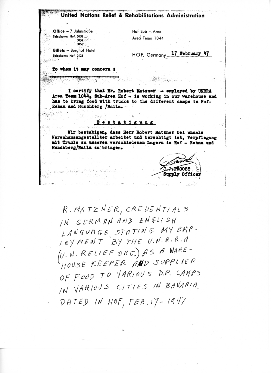 United Nations Relief & Rehabilitation Administration Employee Document for Robert Matzner