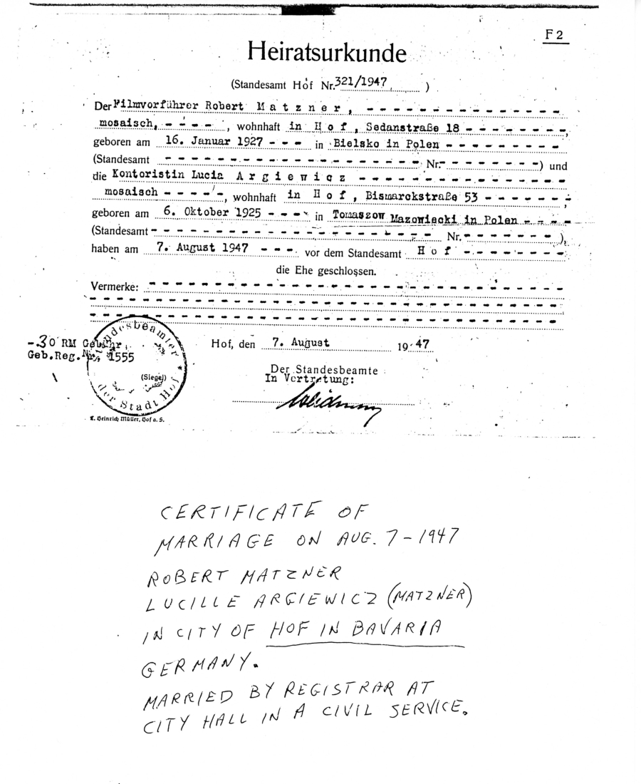 Marriage Certificate for Robert & Lucille Matzner