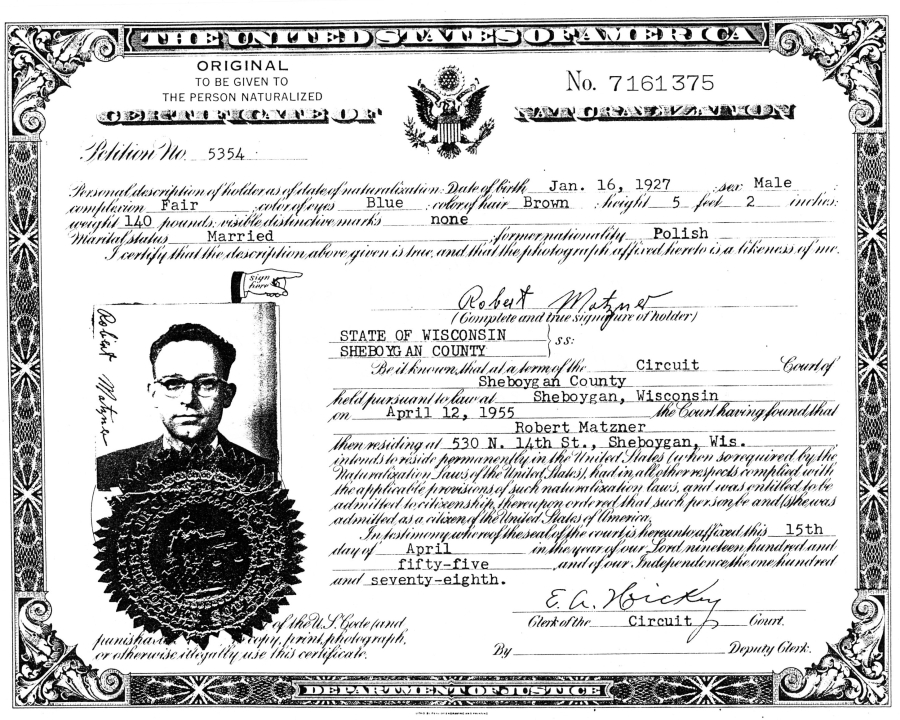 Certificate of Naturalization for Robert Matzner