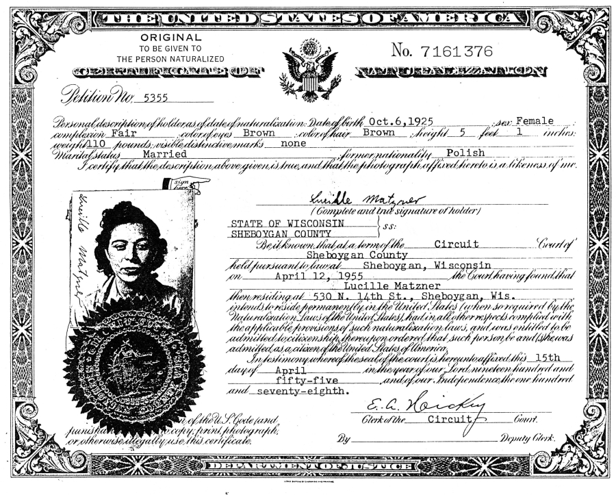 Certificate of Naturalization for Lucy Matzner